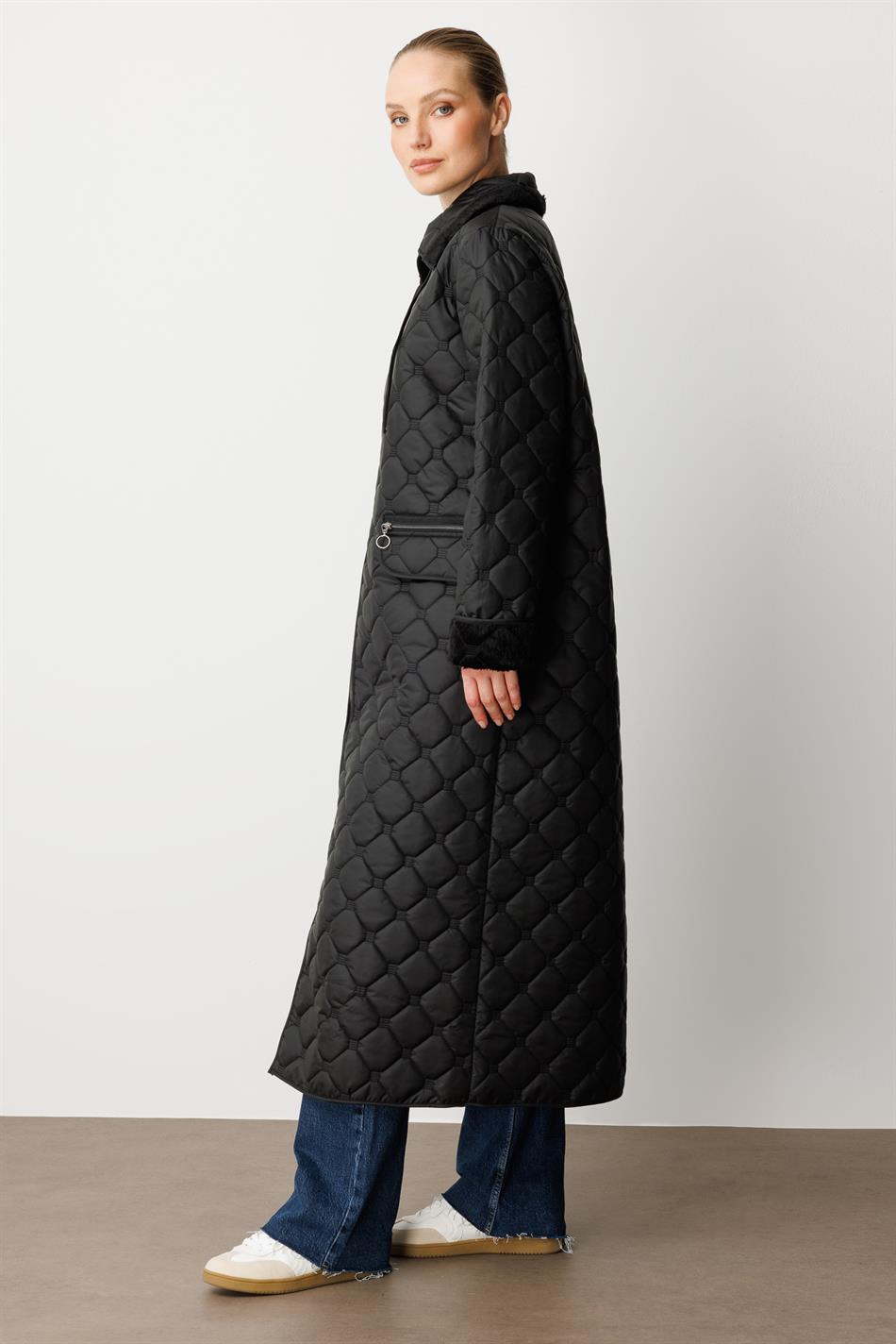 Soft Plush Inner Layer and Special Embroidered Pattern Thin Lightweight Timeless Custom Made Coat/Jacket - Black