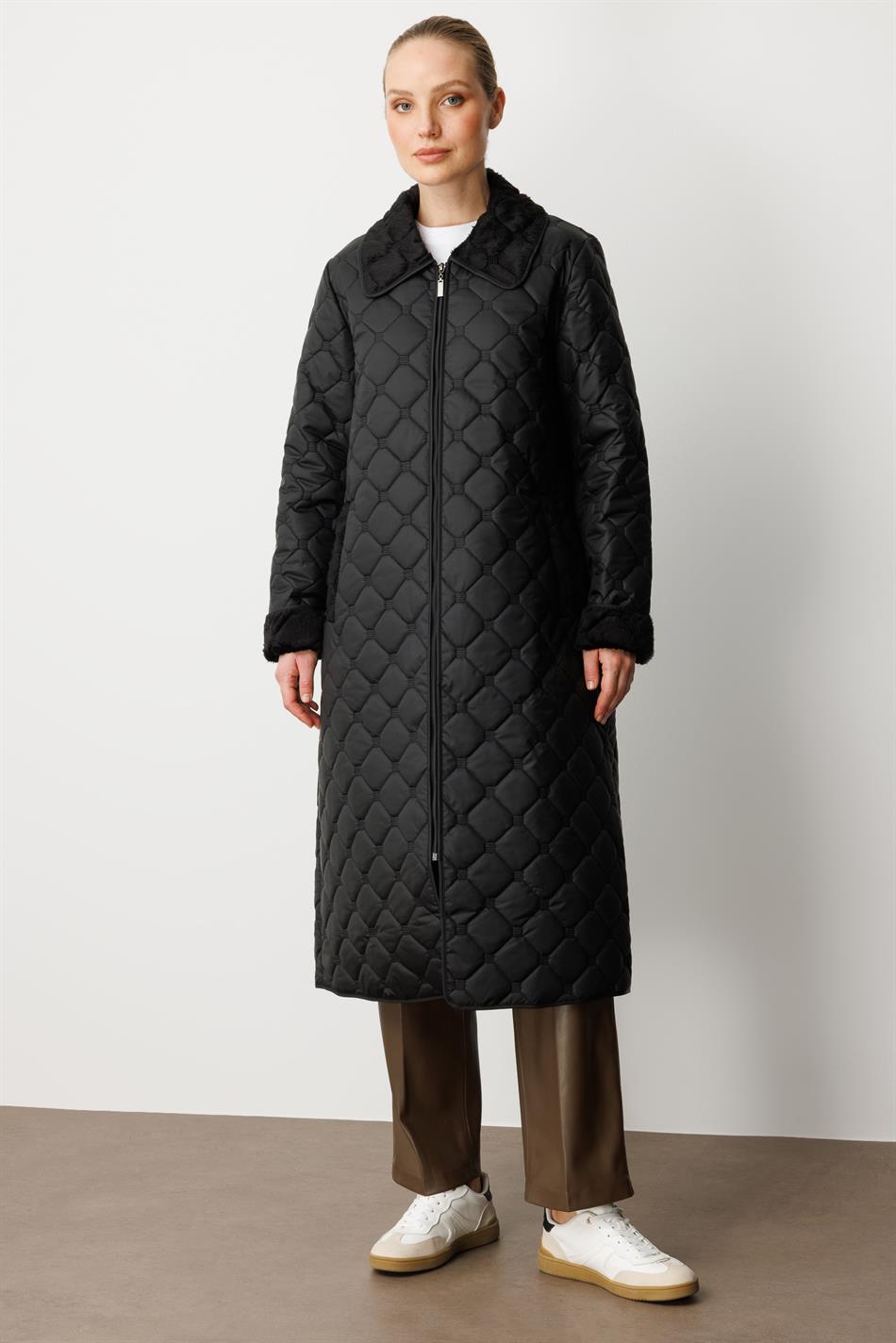 Yumşaq Peluş Daxili Təbəqə və Xüsusi Naxışlı Naxışlı İncə Yüngül, Zamansız Xüsusi Hazırlanmış Palto/Gödəkçə - Qara