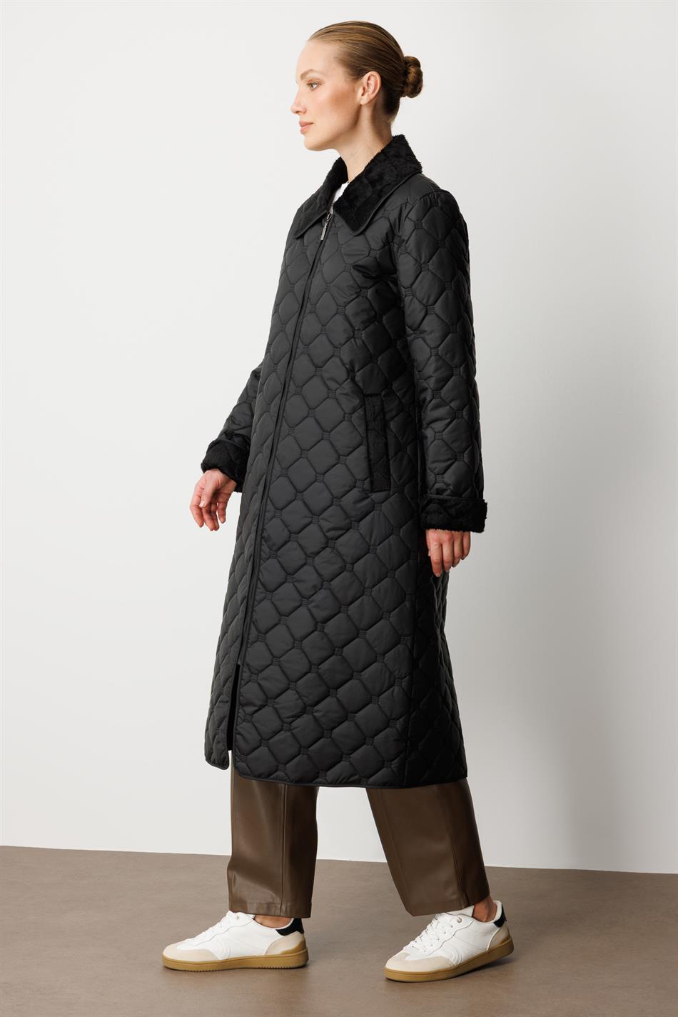 Yumşaq Peluş Daxili Təbəqə və Xüsusi Naxışlı Naxışlı İncə Yüngül, Zamansız Xüsusi Hazırlanmış Palto/Gödəkçə - Qara