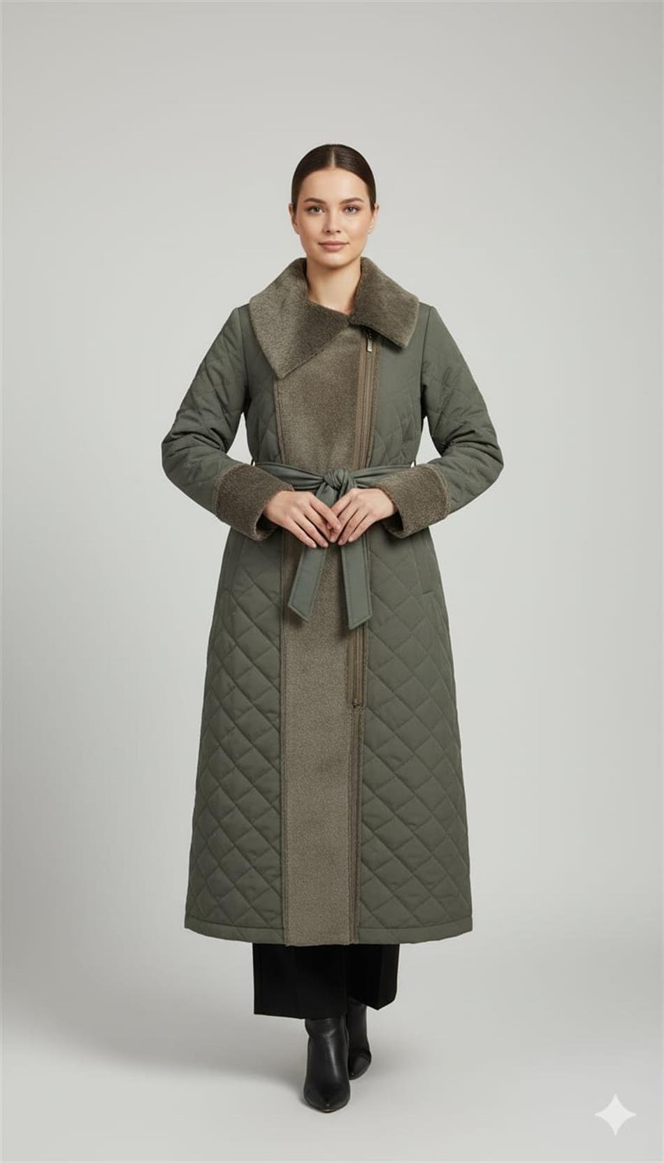 Soft Suni Kürk Kaplı Bedeni Özel Yumuşak Dolgu Hafif Manto Kaban-Füme (Antrasit)