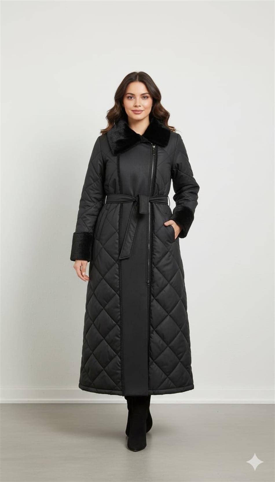 Soft Suni Kürk Kaplı Bedeni Özel Yumuşak Dolgu Hafif Manto Kaban-Siyah