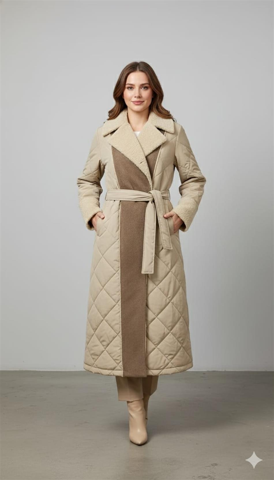 Soft Suni Kürk Kaplı Bedeni Özel Yumuşak Dolgu Hafif Manto Kaban-Taş