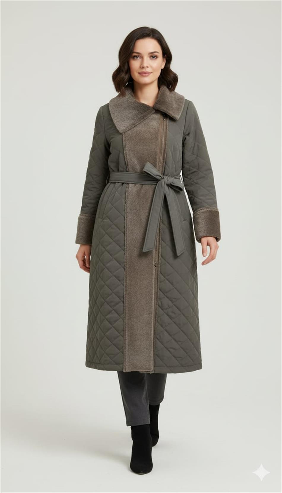 Soft Suni Kürk Kaplı Bedeni Özel Yumuşak Dolgu Hafif Manto Kaban-Füme (Antrasit)