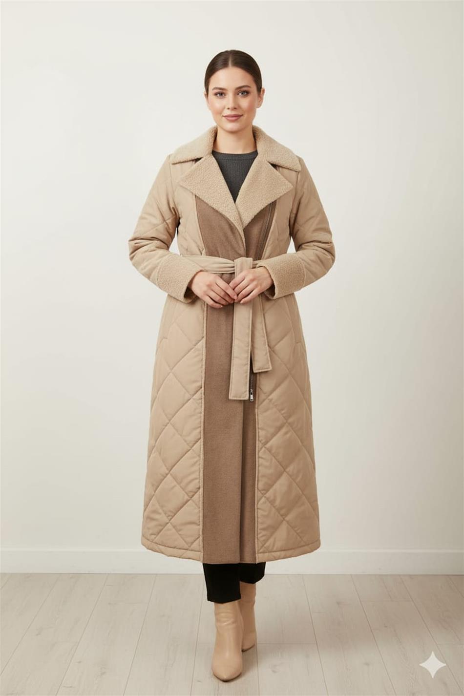 Soft Suni Kürk Kaplı Bedeni Özel Yumuşak Dolgu Hafif Manto Kaban-Taş