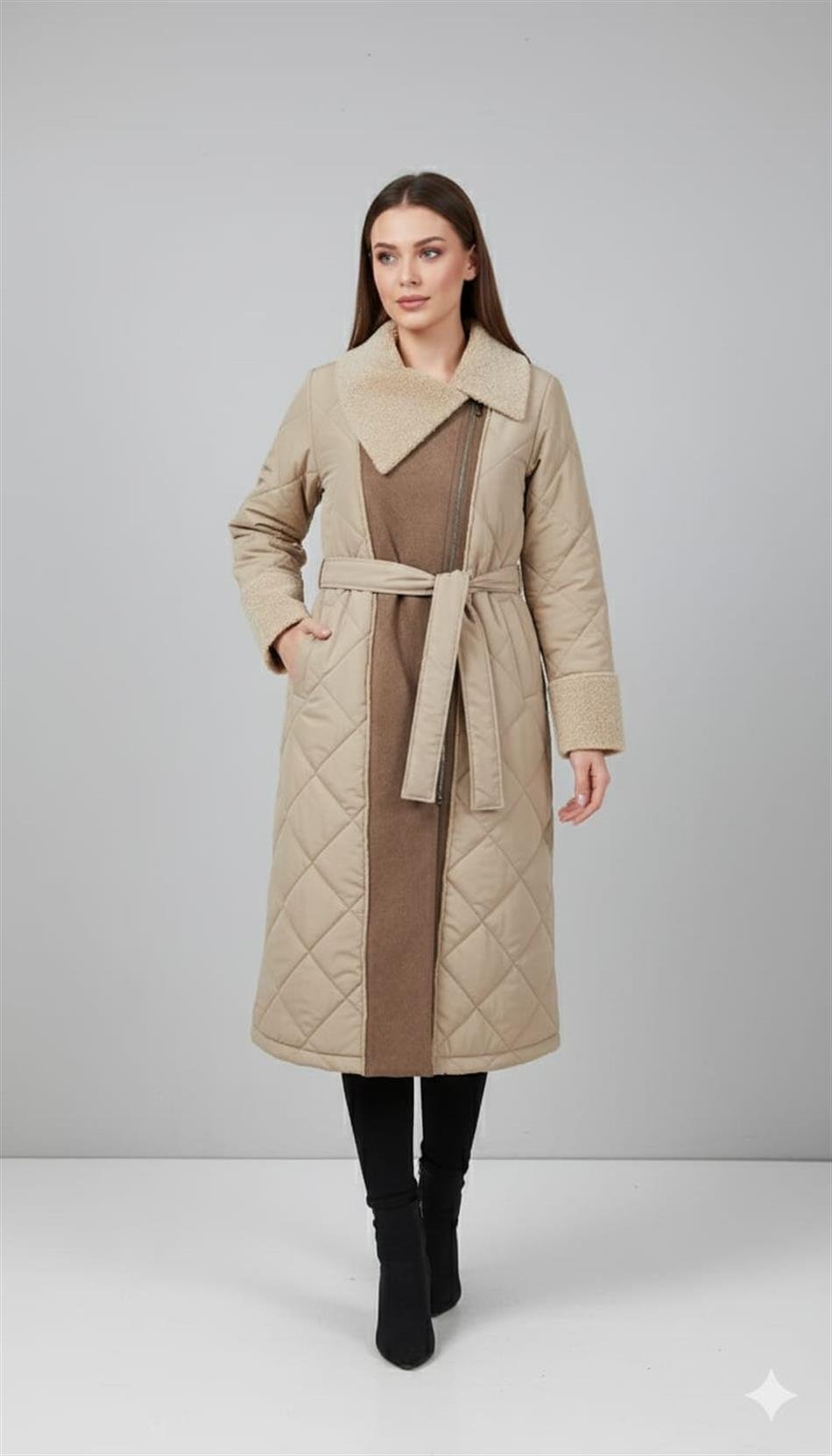 Soft Suni Kürk Kaplı Bedeni Özel Yumuşak Dolgu Hafif Manto Kaban-Taş