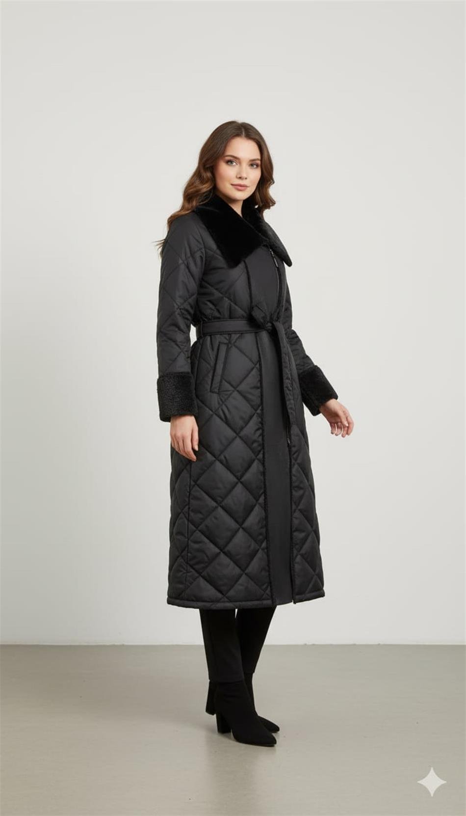 Soft Suni Kürk Kaplı Bedeni Özel Yumuşak Dolgu Hafif Manto Kaban-Siyah