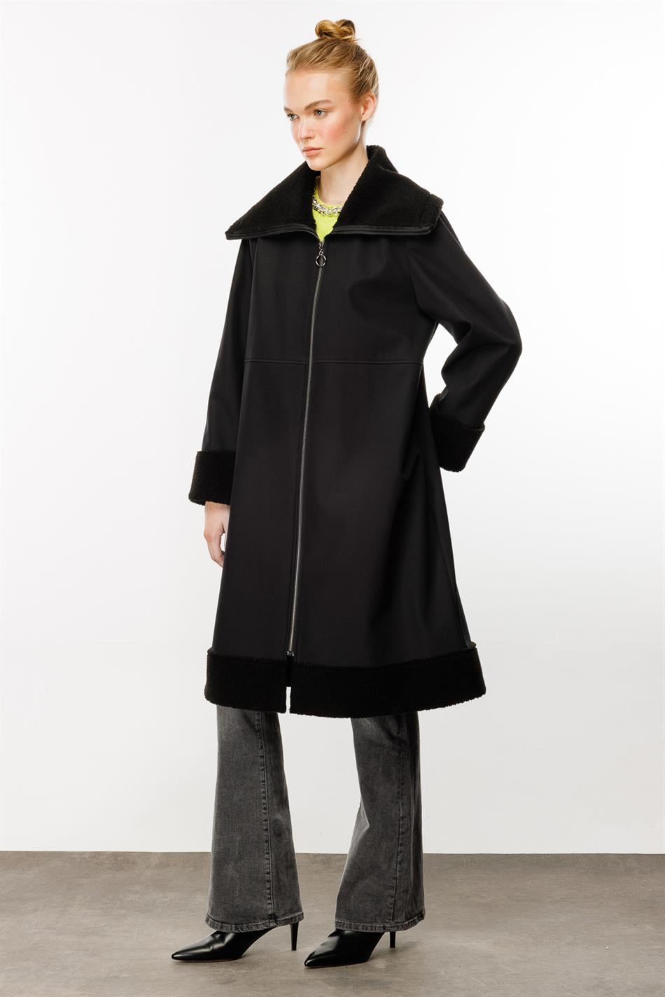 Softy Coat with Fur Detail on Sleeves and Collar, Lightweight and Comfortable, Fleece Lined, Black