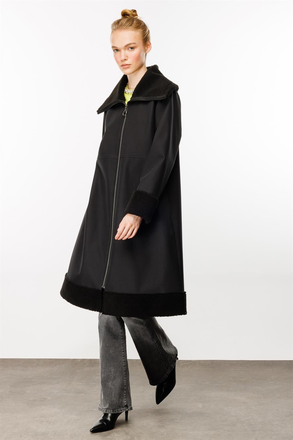 Softy Coat with Fur Detail on Sleeves and Collar, Lightweight and Comfortable, Fleece Lined, Black