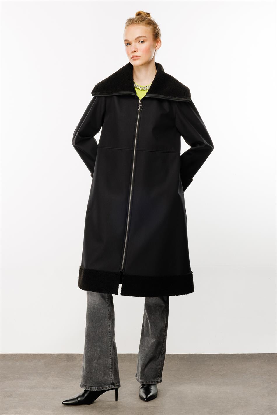Softy Coat with Fur Detail on Sleeves and Collar, Lightweight and Comfortable, Fleece Lined, Black