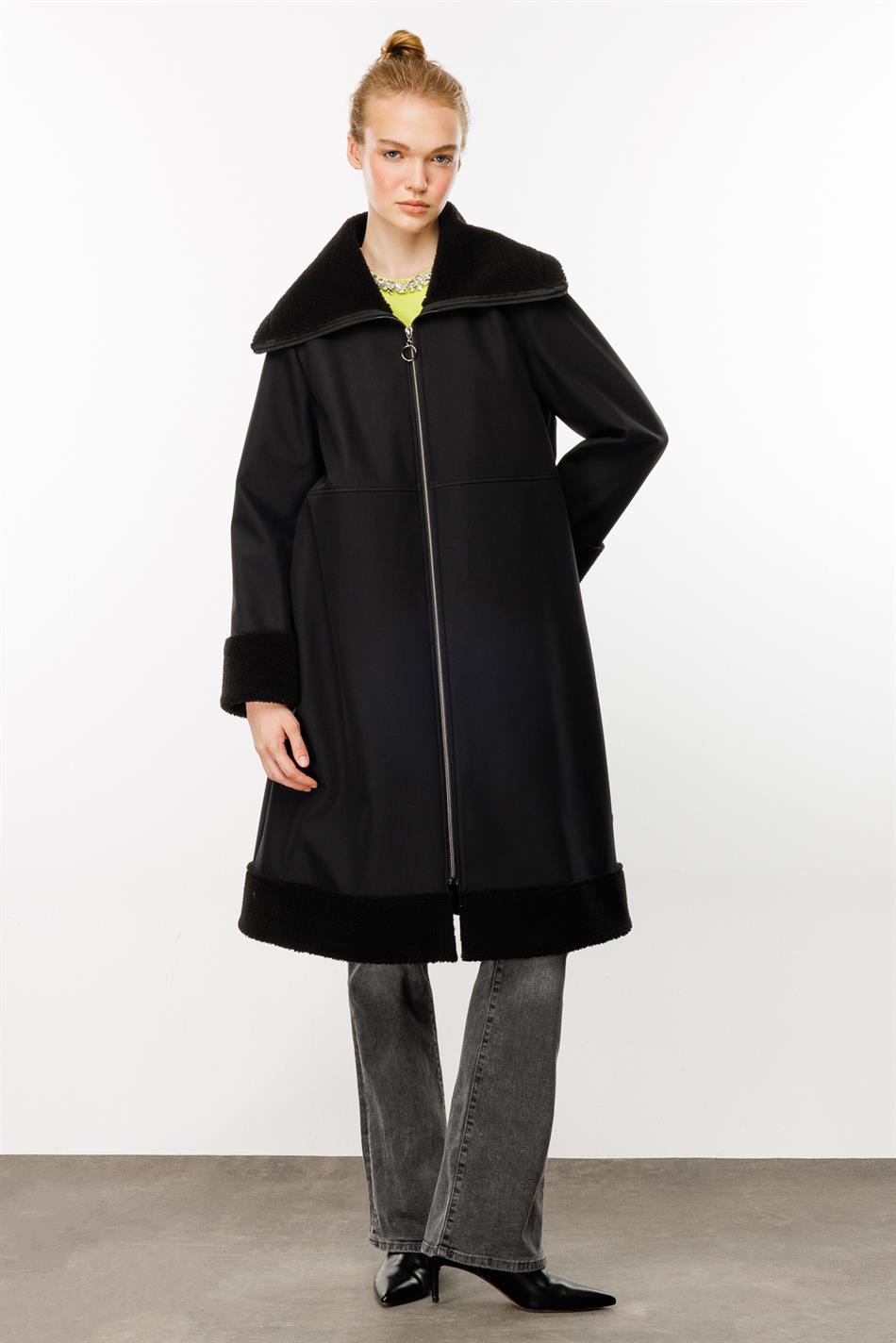 Softy Coat with Fur Detail on Sleeves and Collar, Lightweight and Comfortable, Fleece Lined, Black