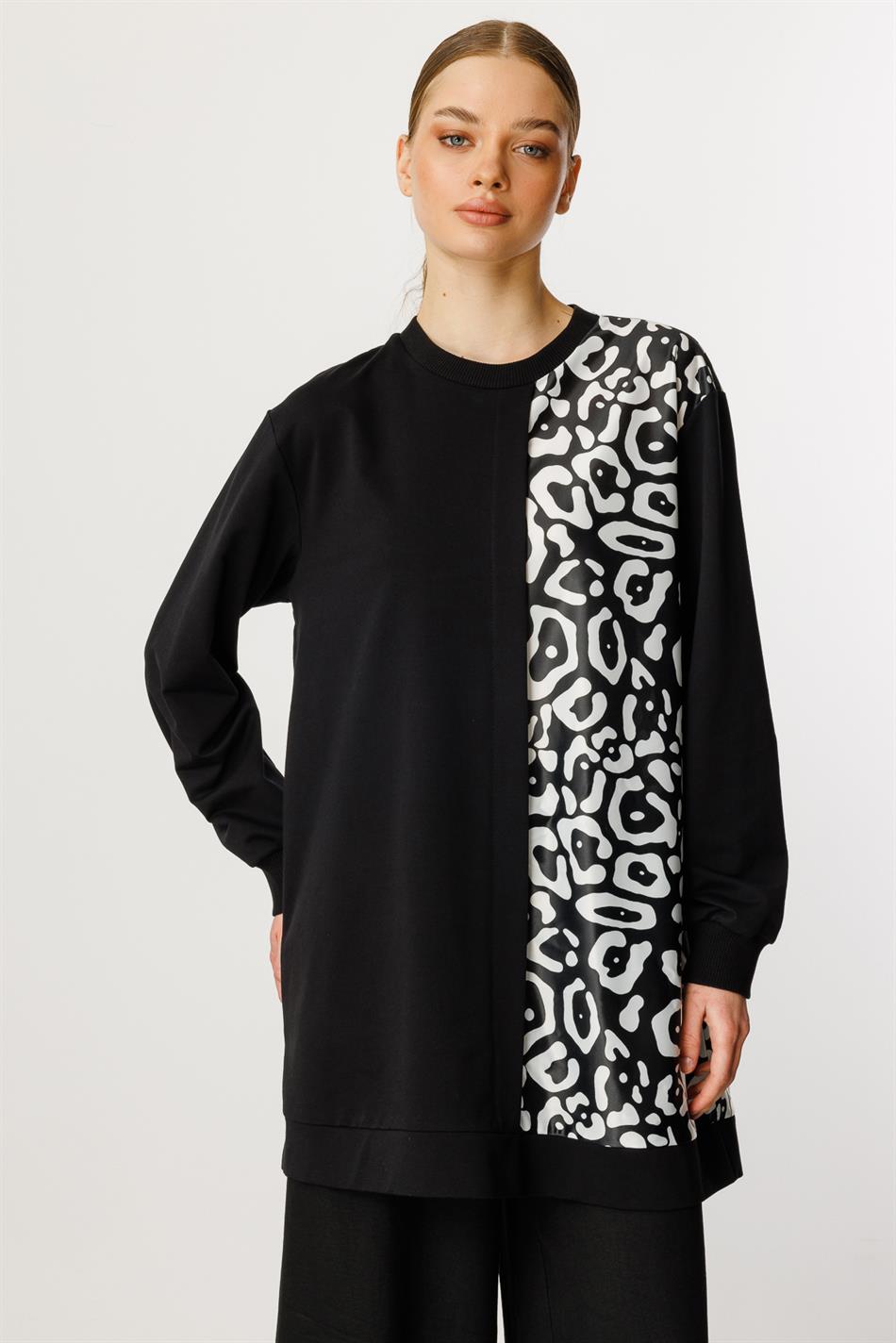 Soho-Muster Feinstrick-Top/Tunika, hüftbedeckend – Schwarz