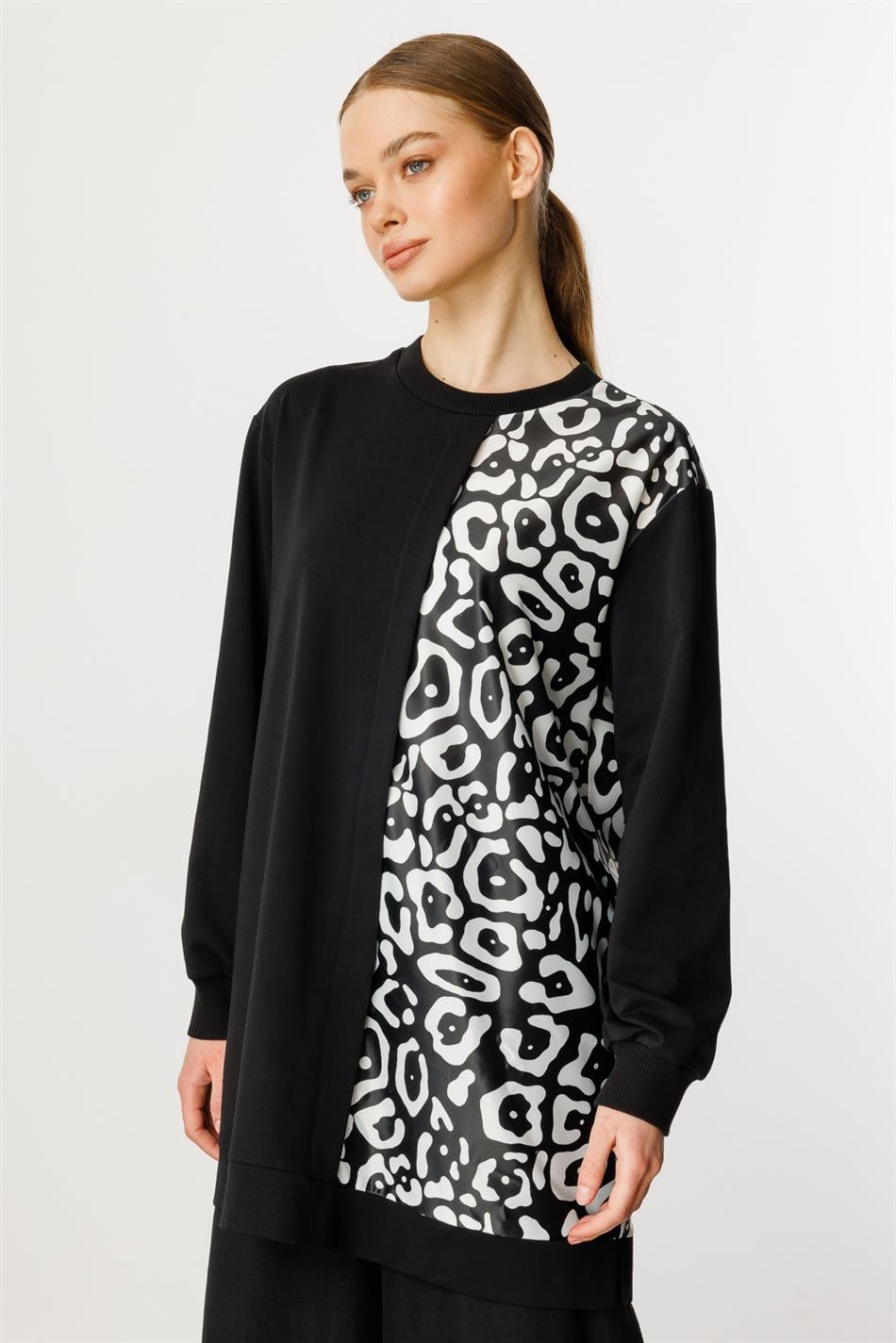 Soho-Muster Feinstrick-Top/Tunika, hüftbedeckend – Schwarz