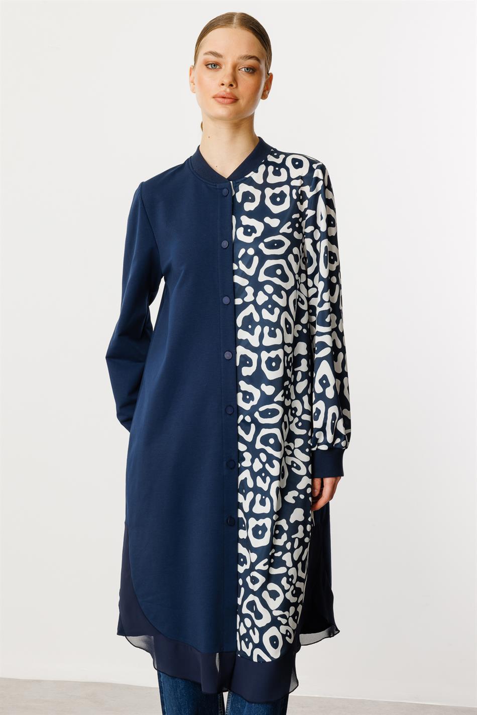 Soho-patroon gebreide chiffonmix moderne cape tuniek - Marineblauw