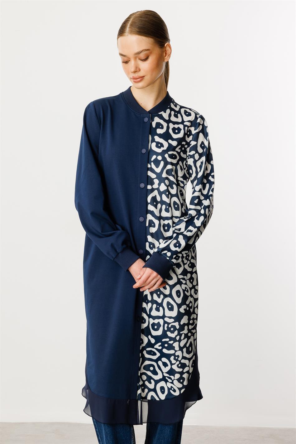 Soho-patroon gebreide chiffonmix moderne cape tuniek - Marineblauw