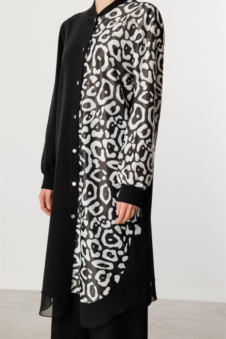 Soho Strickmuster, moderne Cape-Tunika aus Chiffon-Mischgewebe, Schwarz