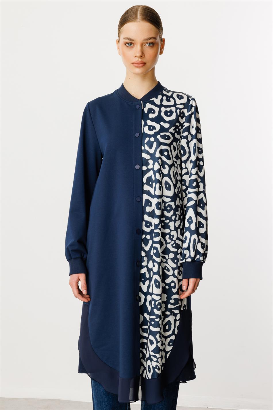 Soho-patroon gebreide chiffonmix moderne cape tuniek - Marineblauw