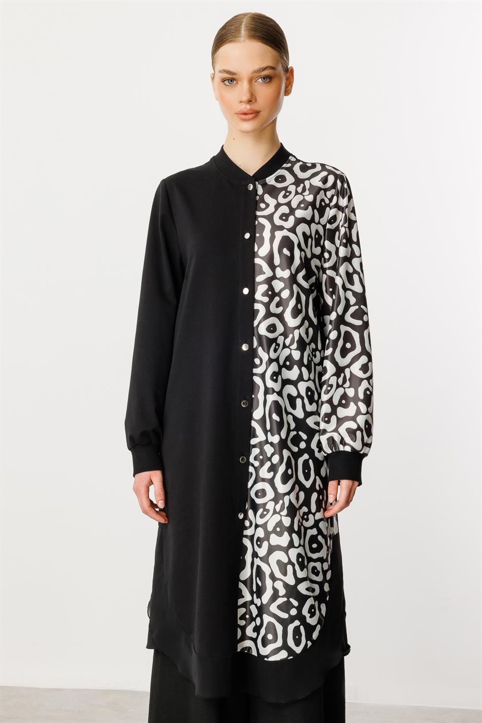 Soho Strickmuster, moderne Cape-Tunika aus Chiffon-Mischgewebe, Schwarz