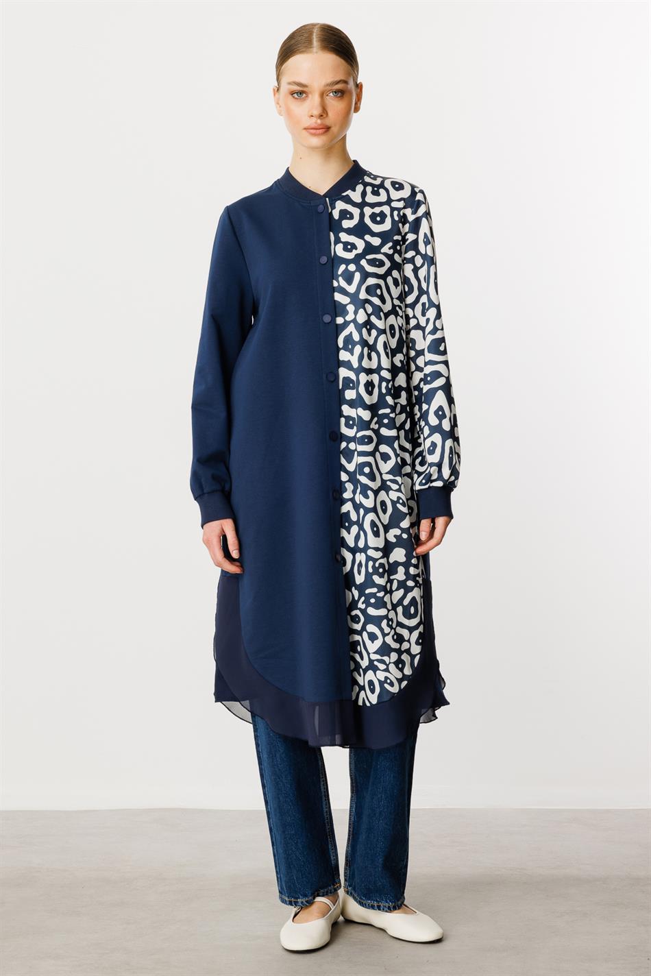 Soho-patroon gebreide chiffonmix moderne cape tuniek - Marineblauw