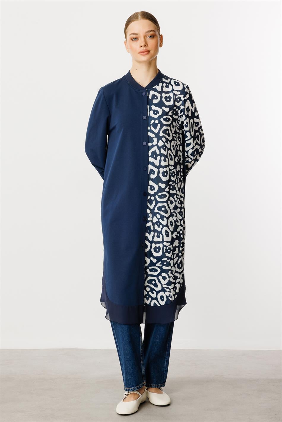 Soho-patroon gebreide chiffonmix moderne cape tuniek - Marineblauw