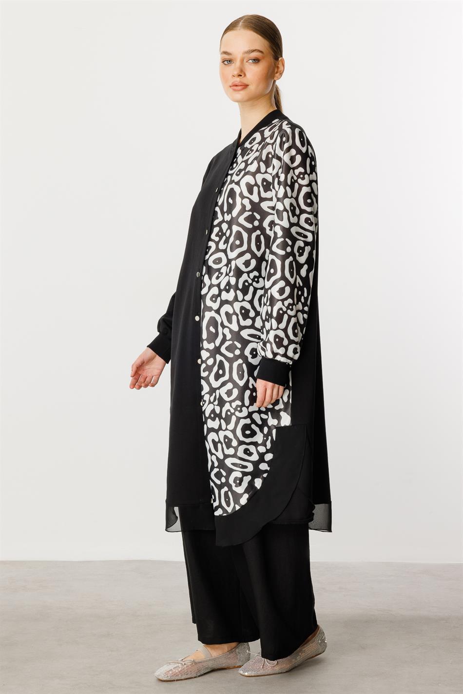 Soho Strickmuster, moderne Cape-Tunika aus Chiffon-Mischgewebe, Schwarz