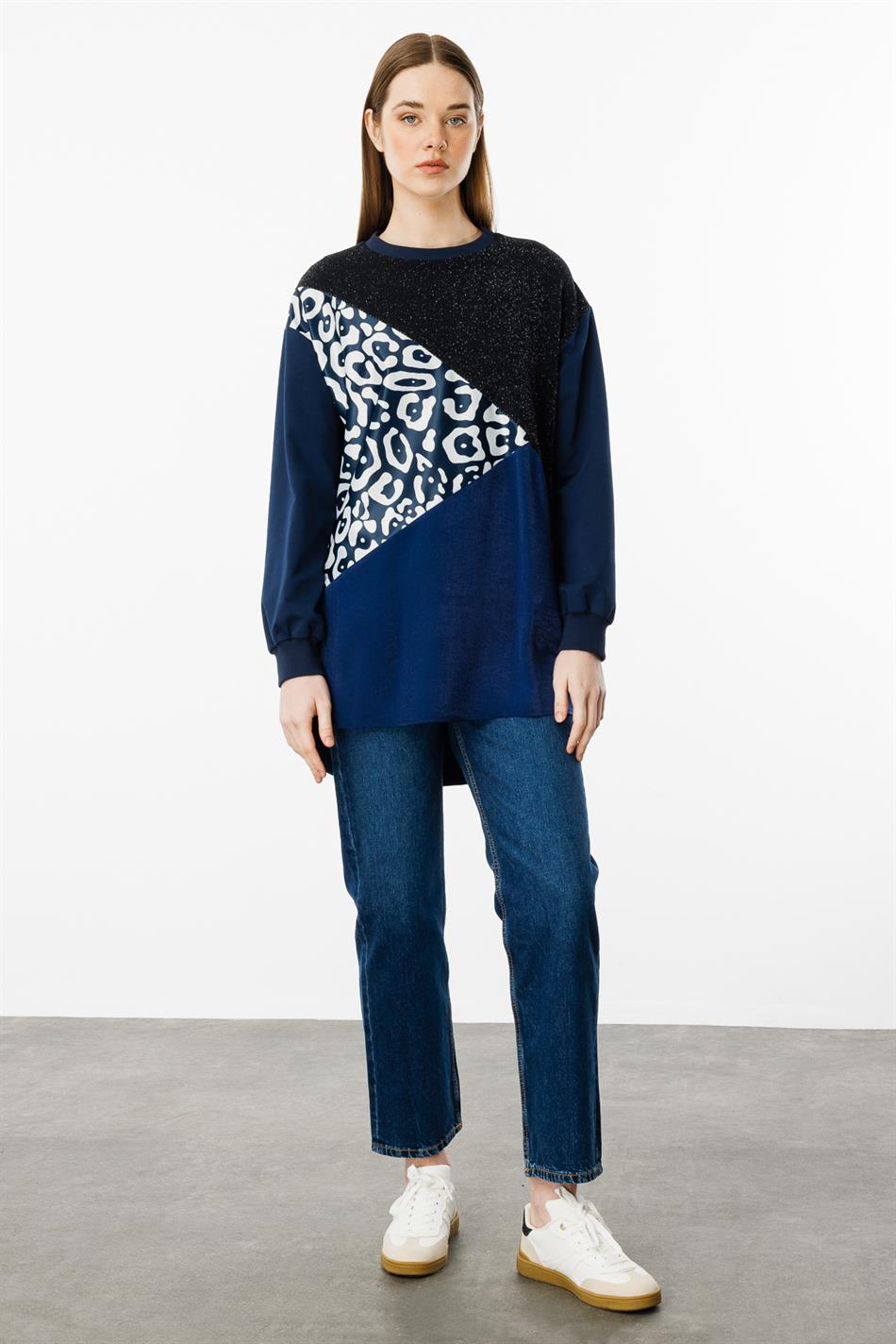 Soho and Glitter Pattern Fabric Trimmed Cape/Tunic - Navy