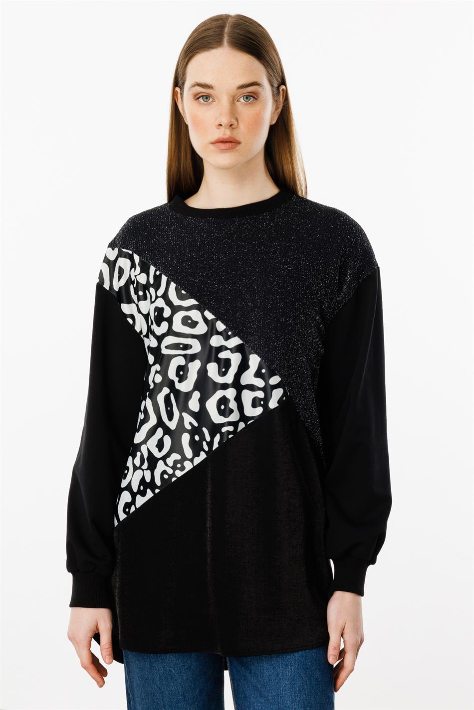 Soho and Glitter Pattern Fabric Trimmed Cape/Tunic - Black