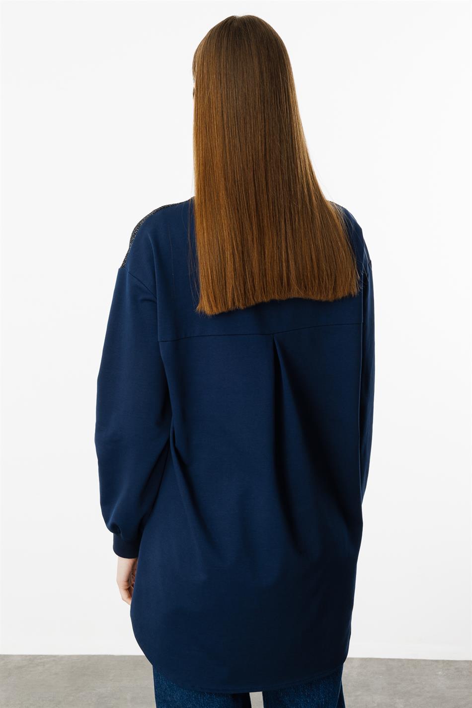 Soho and Glitter Pattern Fabric Trimmed Cape/Tunic - Navy