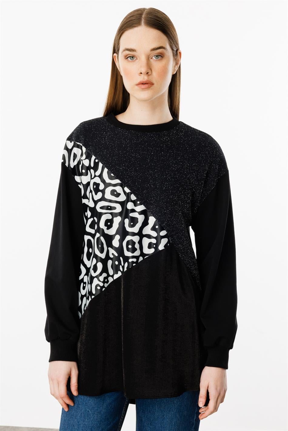 Soho and Glitter Pattern Fabric Trimmed Cape/Tunic - Black