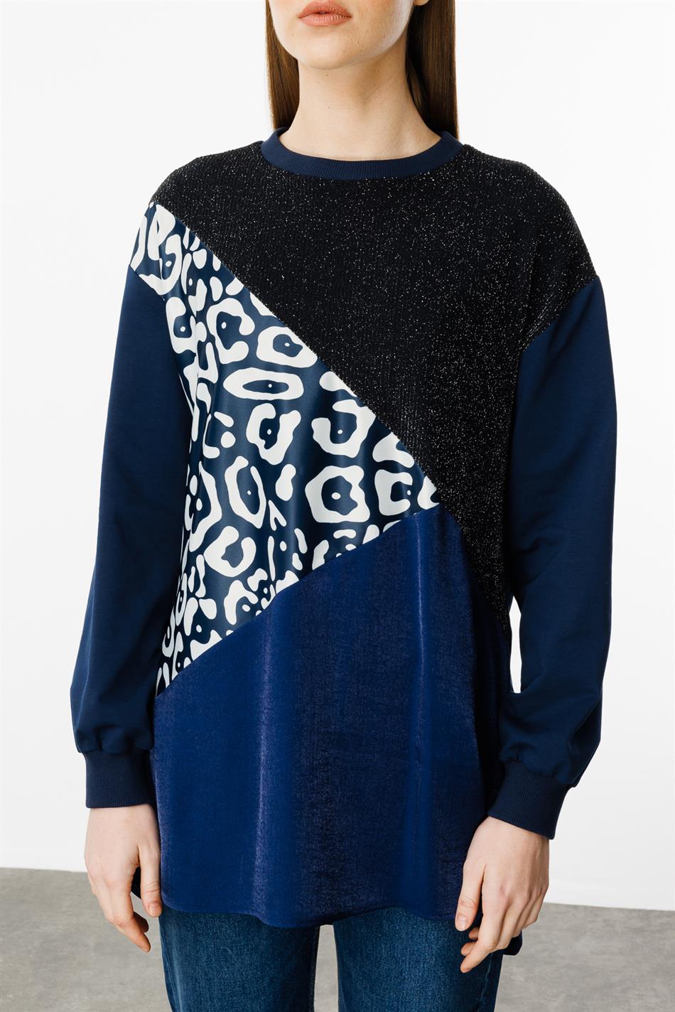 Soho and Glitter Pattern Fabric Trimmed Cape/Tunic - Navy