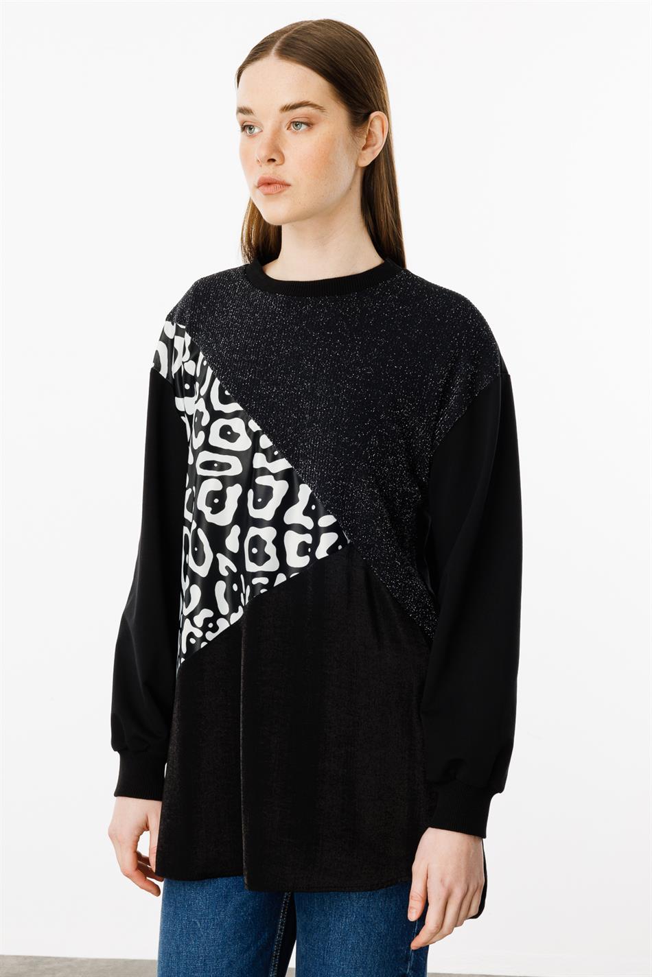 Soho and Glitter Pattern Fabric Trimmed Cape/Tunic - Black