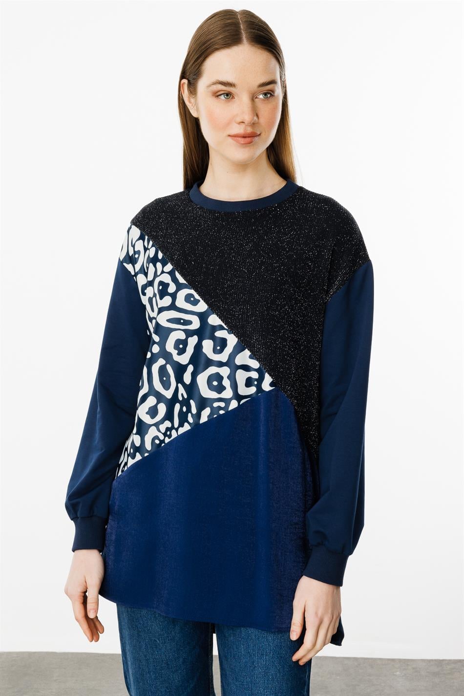 Soho and Glitter Pattern Fabric Trimmed Cape/Tunic - Navy