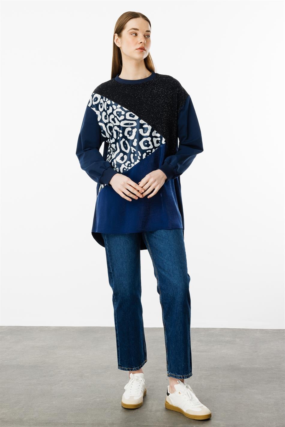 Soho and Glitter Pattern Fabric Trimmed Cape/Tunic - Navy