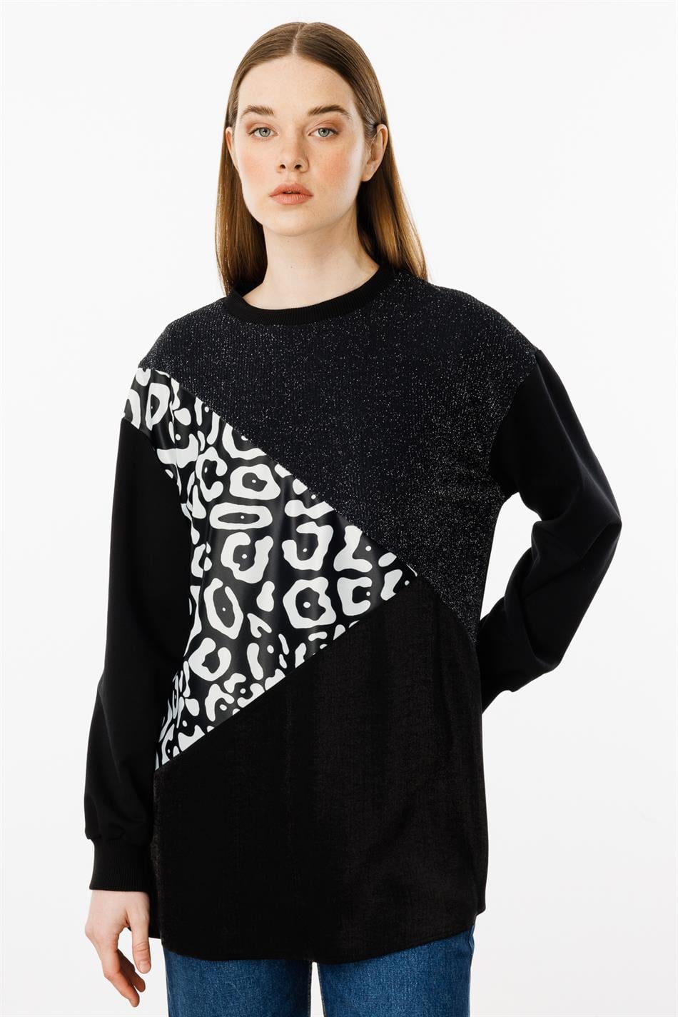 Soho and Glitter Pattern Fabric Trimmed Cape/Tunic - Black