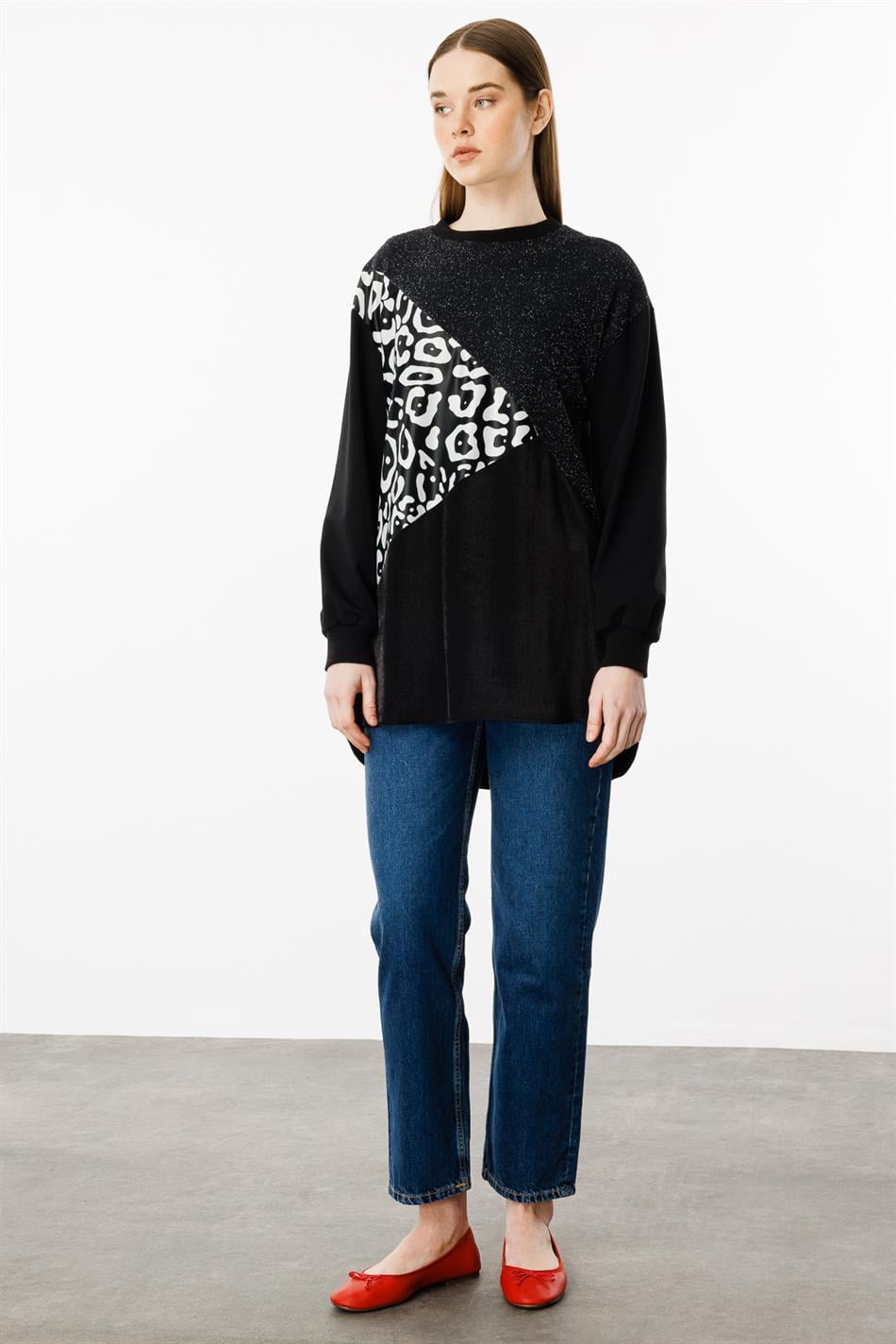 Soho and Glitter Pattern Fabric Trimmed Cape/Tunic - Black