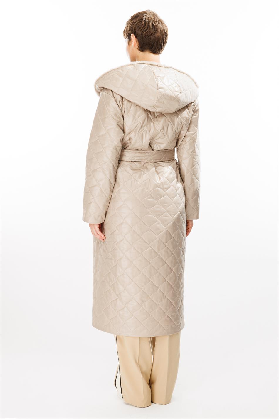 Lichtgewicht, gewatteerde, sportieve trenchcoat met imitatiebontkraag voor de lente - Steenkleur