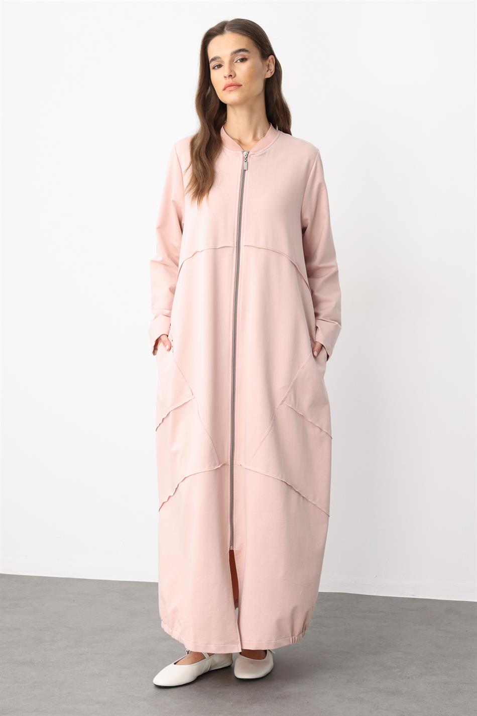 Gebreide cape/abaya van katoenmix met sportieve stikdetails - Poederroze