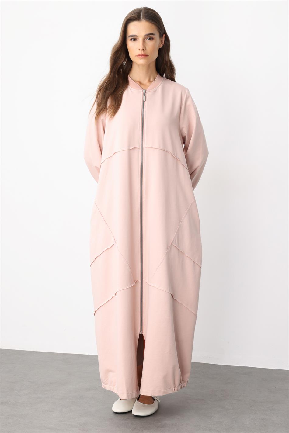 Gebreide cape/abaya van katoenmix met sportieve stikdetails - Poederroze