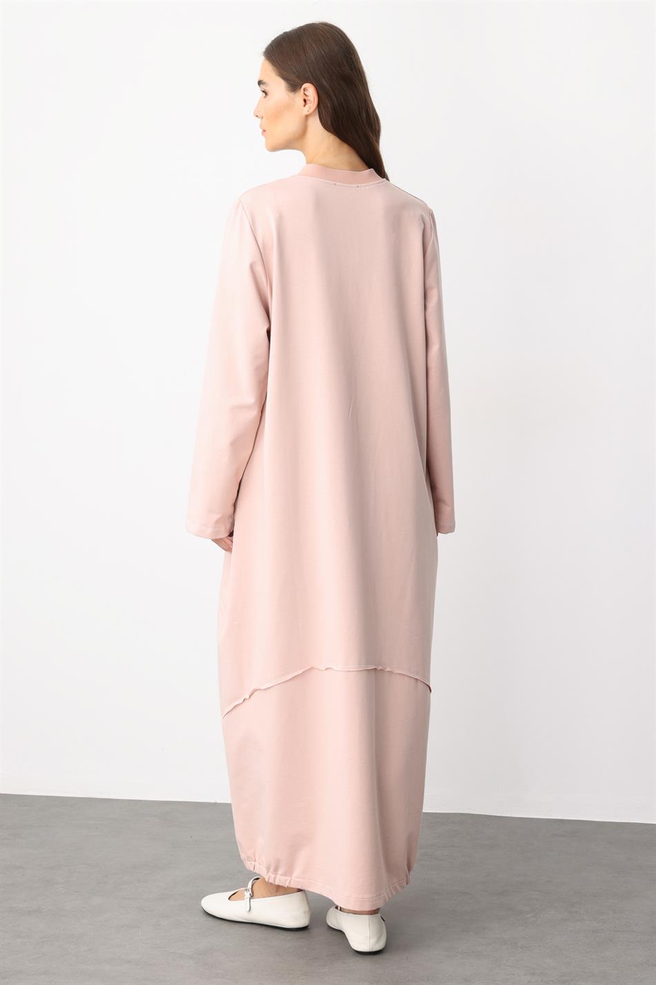 Gebreide cape/abaya van katoenmix met sportieve stikdetails - Poederroze