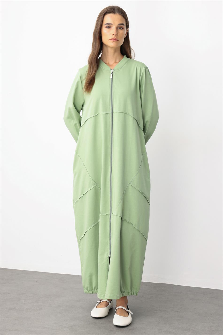 Gebreide jas/cape van katoenmix met sportieve stikdetails en draperie - Groen