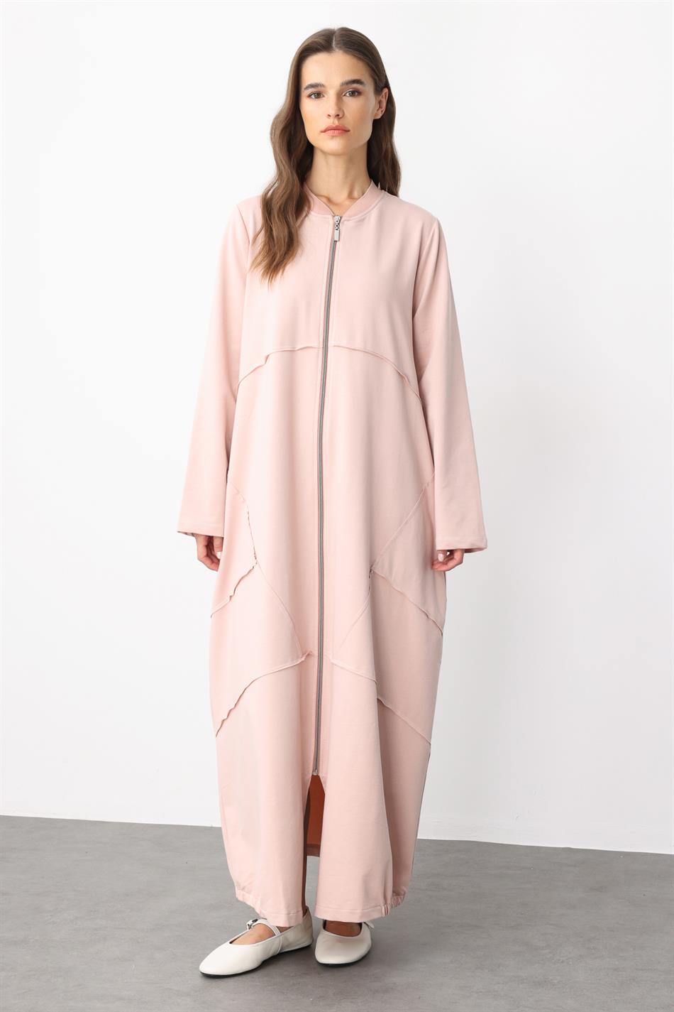 Gebreide cape/abaya van katoenmix met sportieve stikdetails - Poederroze