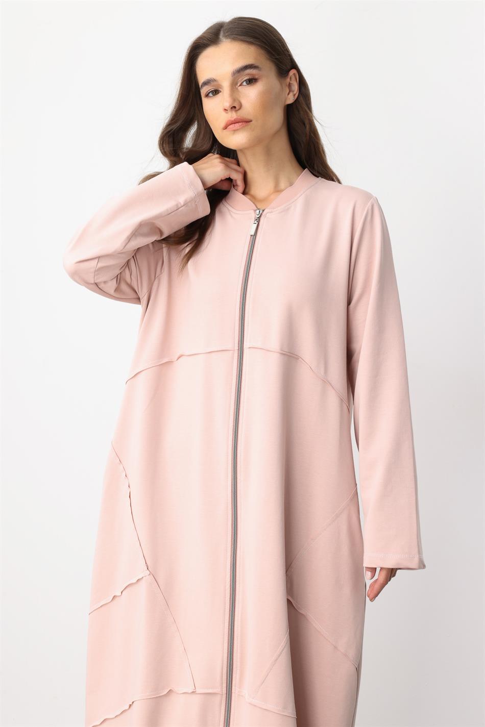 Gebreide cape/abaya van katoenmix met sportieve stikdetails - Poederroze