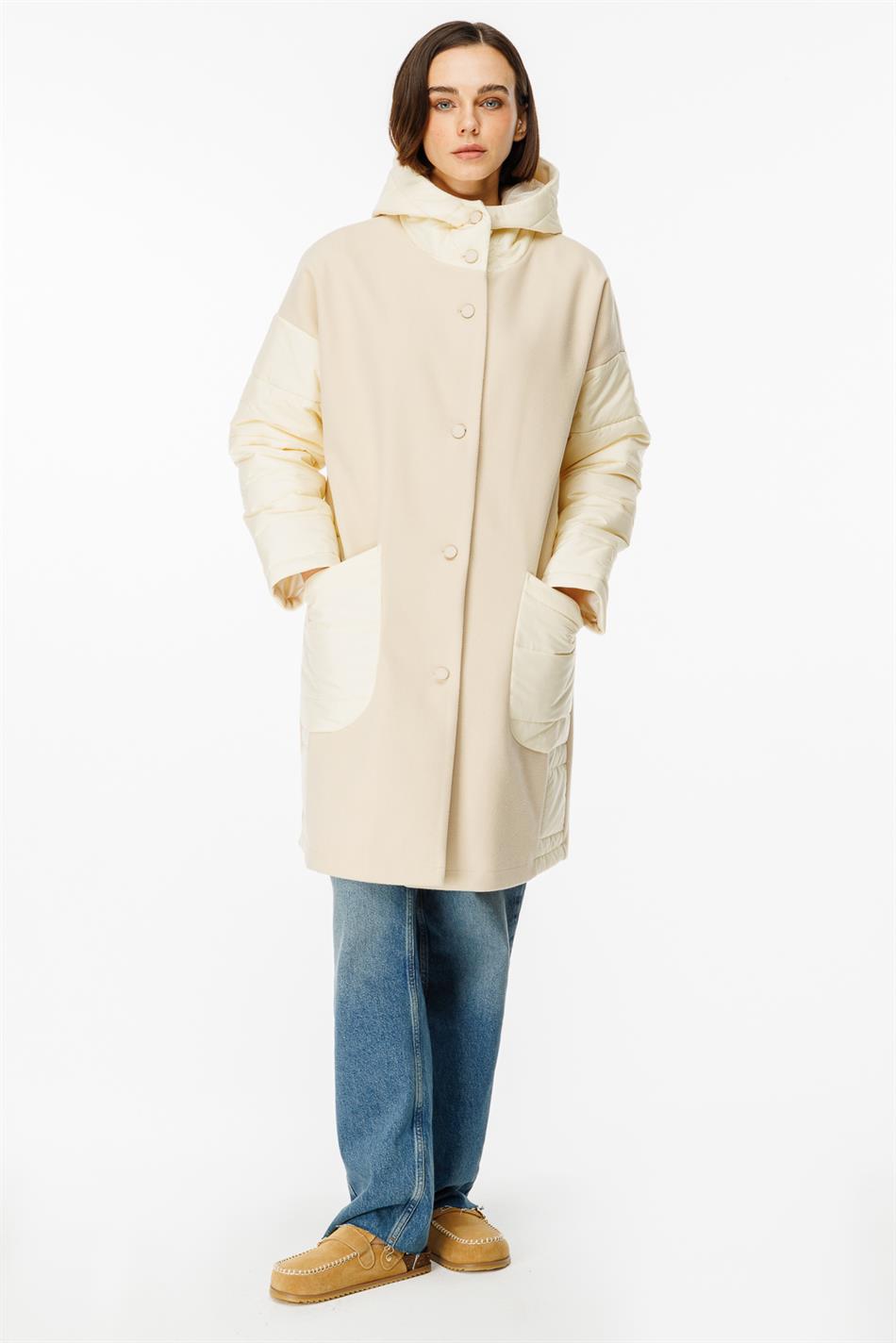 Sporty Cashmere and Quilted Matching Special Coat - Cream