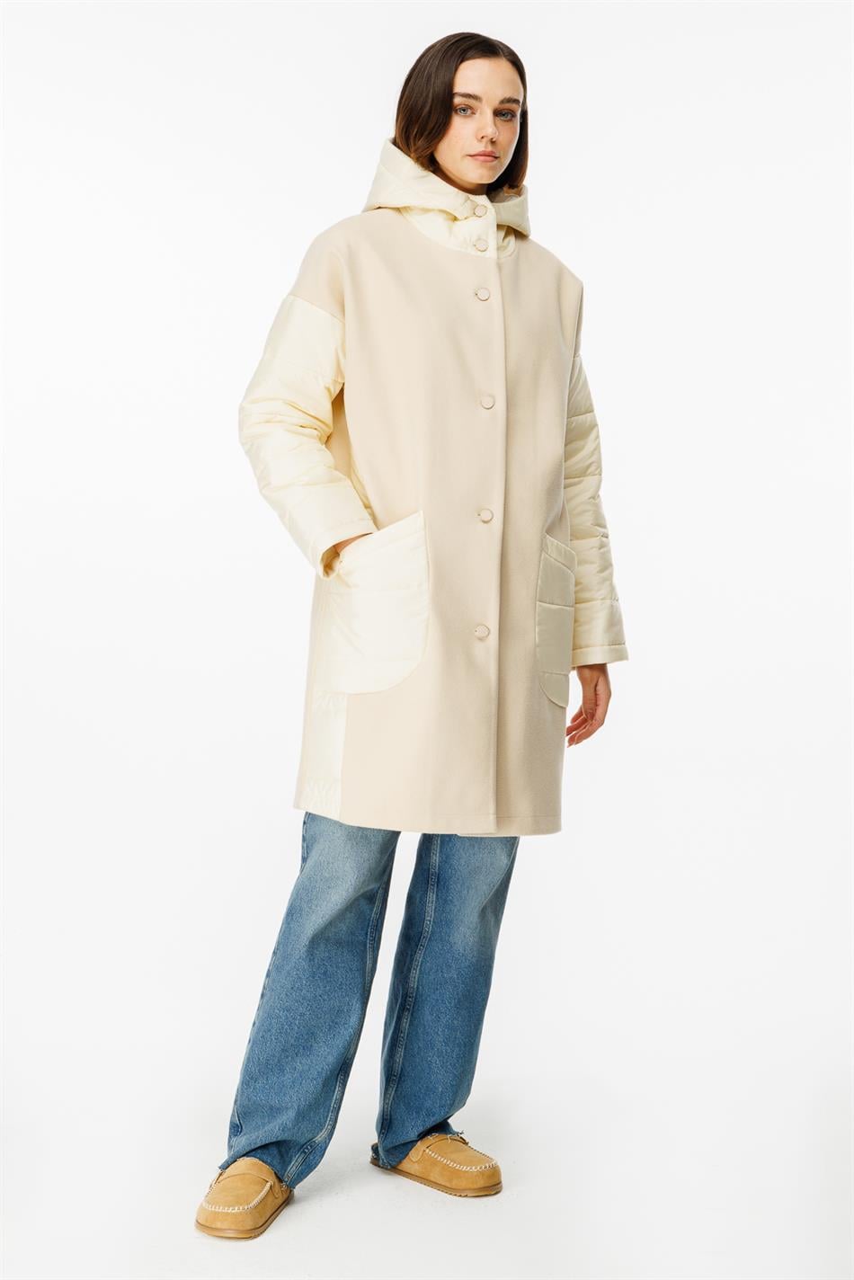 Sporty Cashmere and Quilted Matching Special Coat - Cream