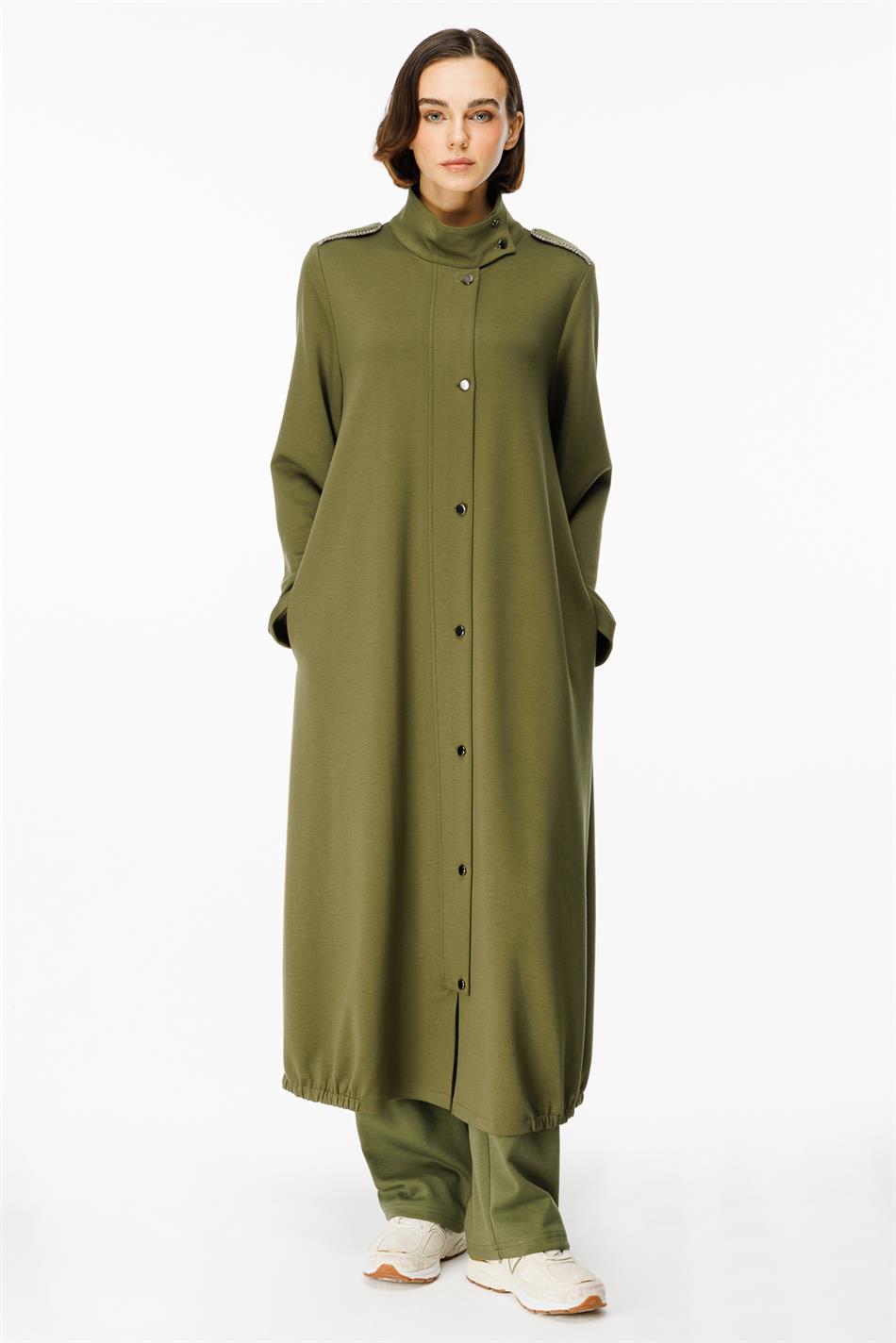 Spy Handmade Bias Binding Stone Embellished Knit Sport Long Jacket - Khaki