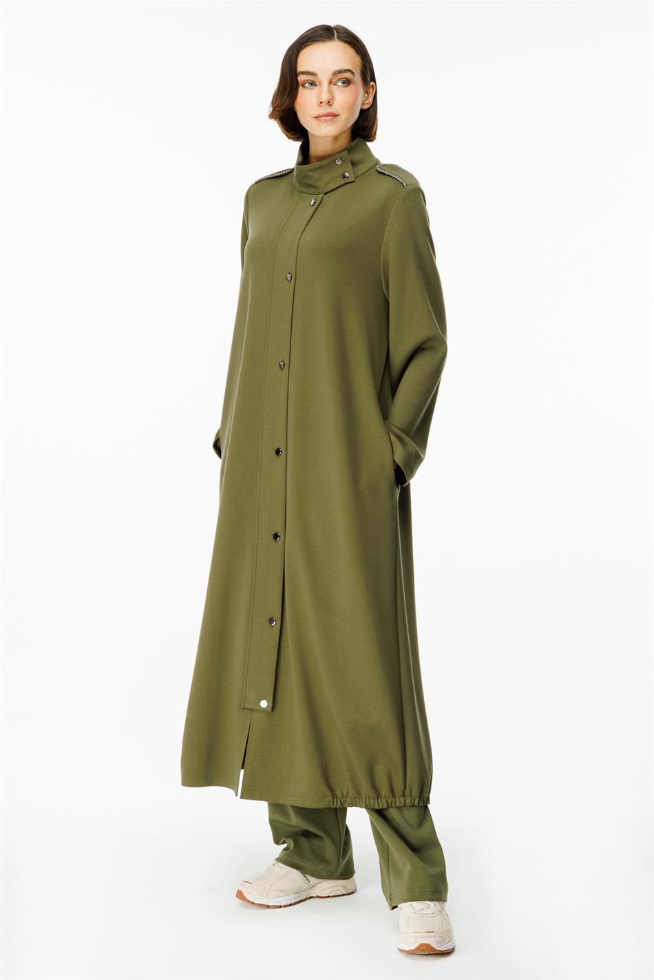 Spy Handmade Bias Binding Stone Embellished Knit Sport Long Jacket - Khaki