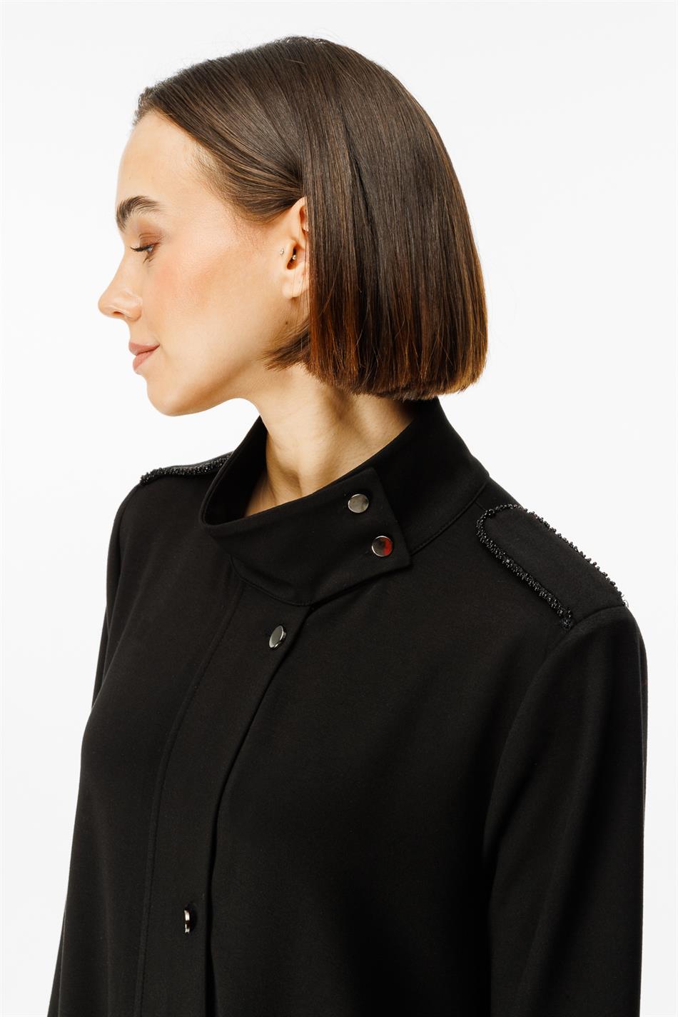 Spy Əl işi Biye Daş Naxışlı Trikotaj İdman Uzun Qapaq-Qara