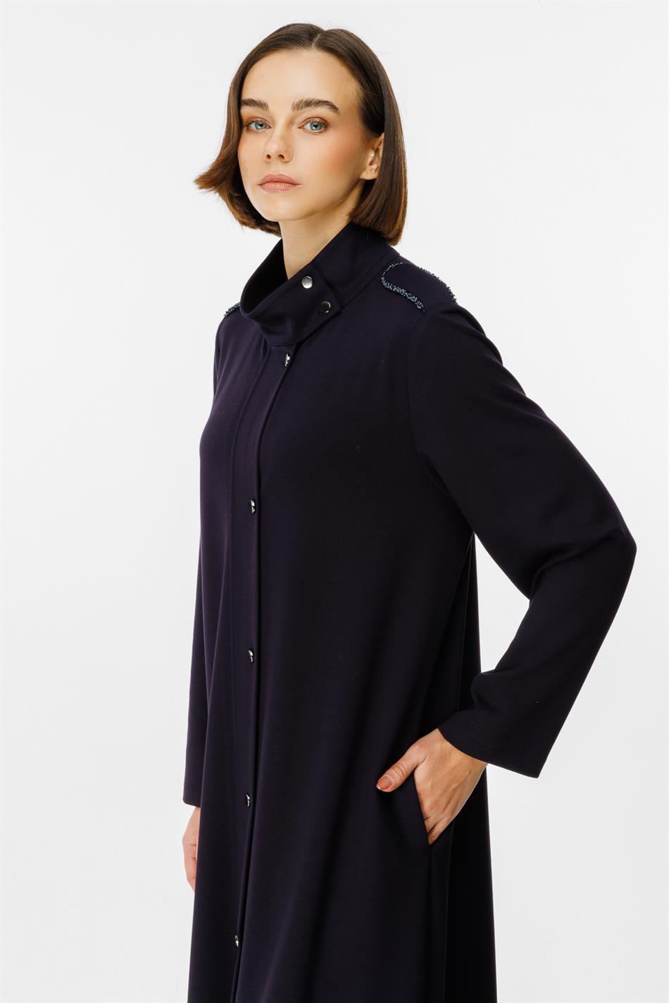 Spy Əl İşi Bias Trim Stone Bəzəkli Örgü İdman Uzun Palto - Tünd Göy