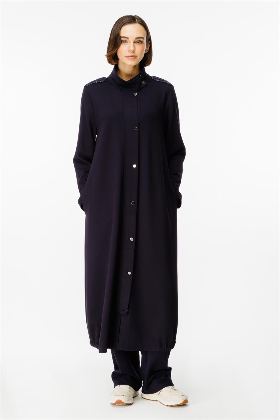 Spy Əl İşi Bias Trim Stone Bəzəkli Örgü İdman Uzun Palto - Tünd Göy