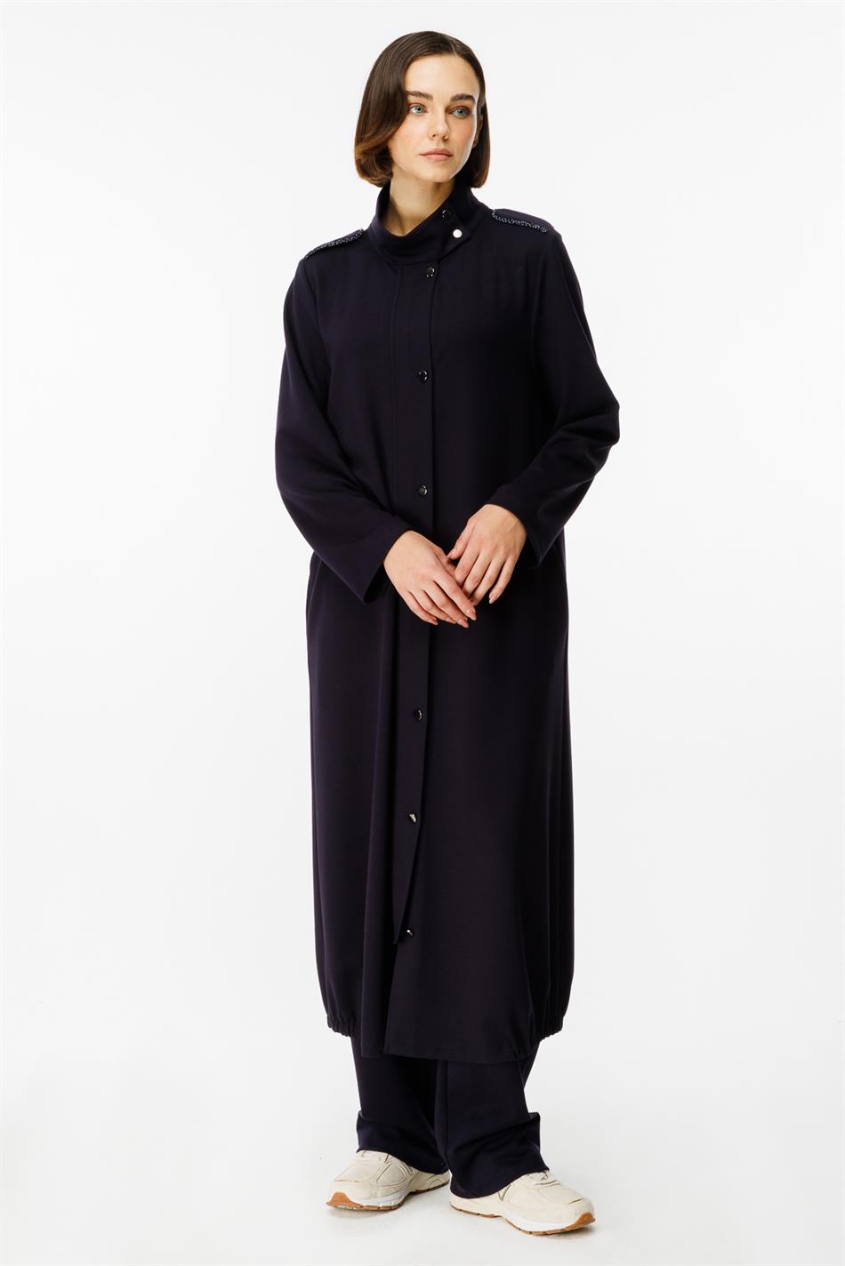 Spy Əl İşi Bias Trim Stone Bəzəkli Örgü İdman Uzun Palto - Tünd Göy