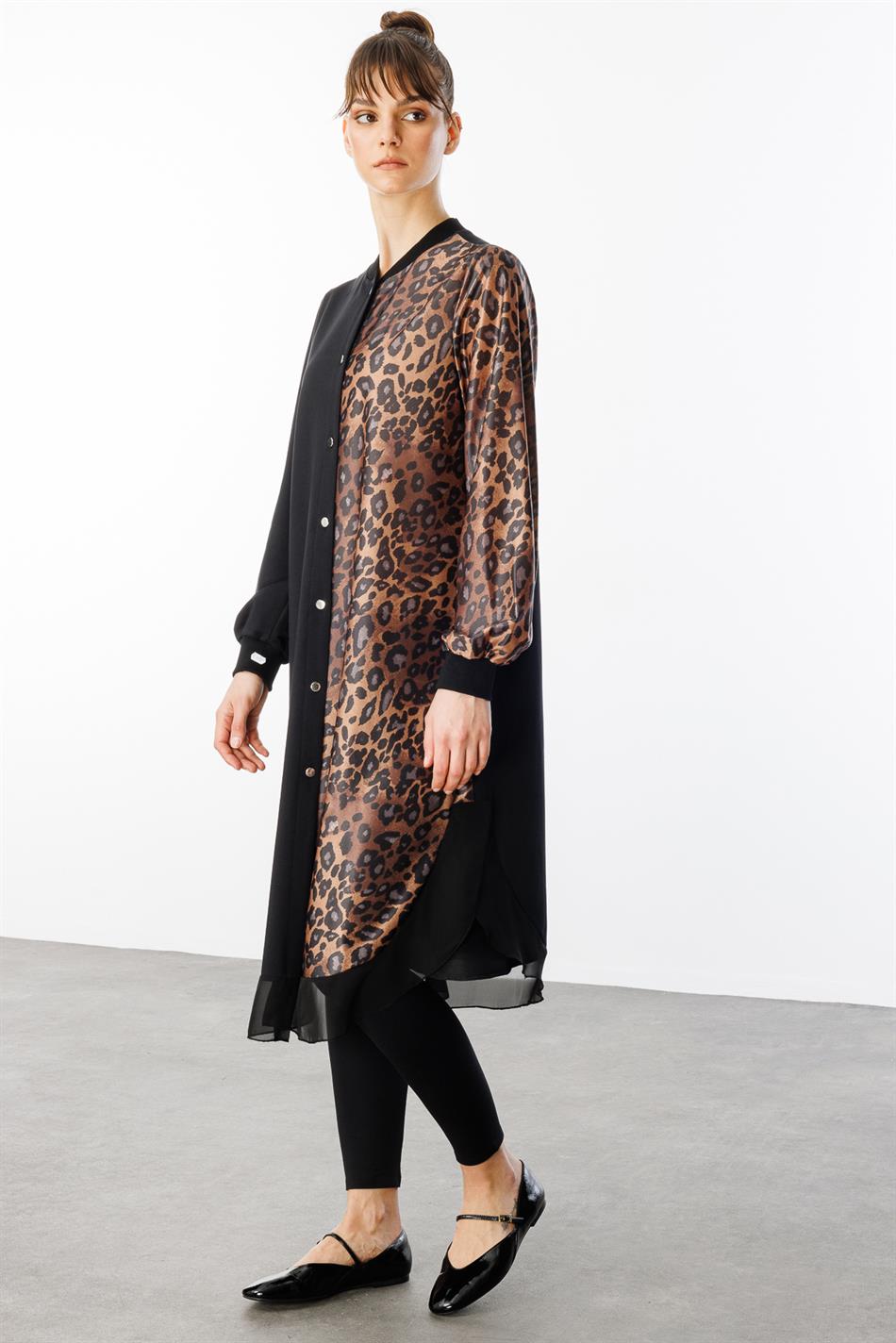 SR Leopard, Chiffon en Zijdemix Speciale Jas - Zwart